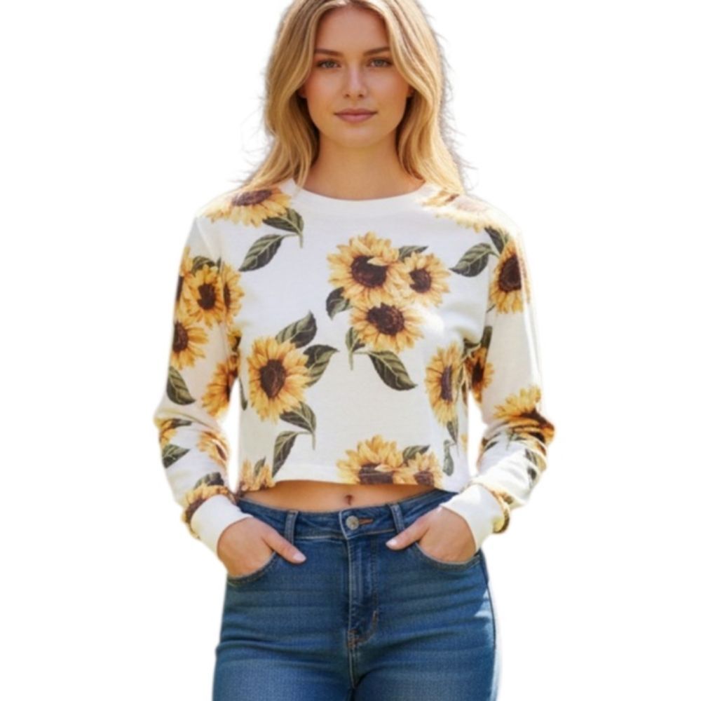 SHEIN WHITE & YELLOW SUNFLOWER PRINT CROP PULLOVER SZ.4 EUC.  GORGEOUS PULLOVER